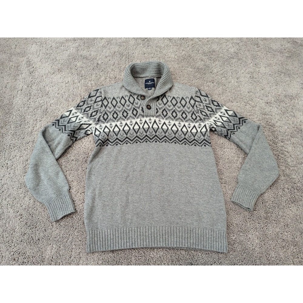 American Eagle Outfitters Sweater Mens Medium Gray Knit Pullover Fair‎ Isle